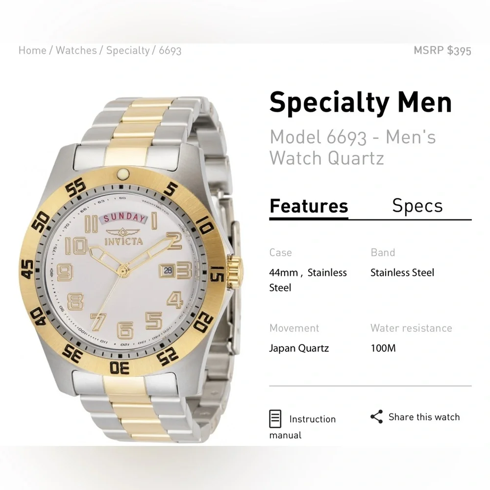 Invicta Specialty Men 44mm Stainless Steel Gold Model 6693 - Quartz Men's Watch